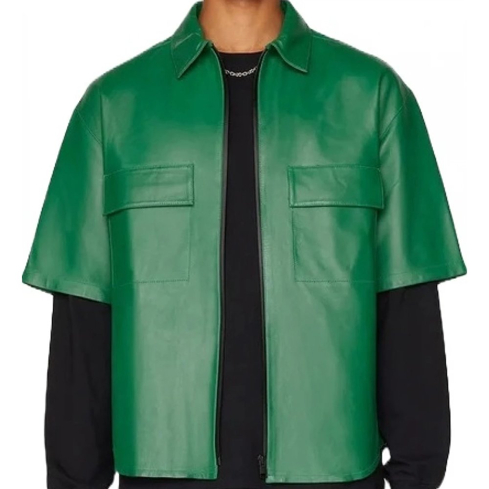 Zig Zag Panels On Back Green Leather Shirt