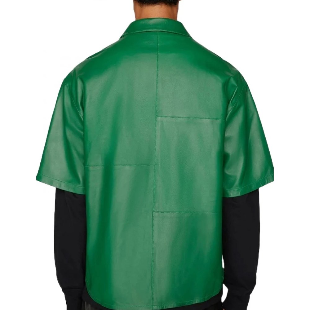 Zig Zag Panels On Back Green Leather Shirt